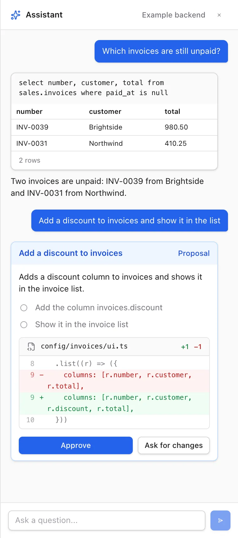 The assistant panel in the Protobase admin: a question about unpaid invoices answered with a query result table, and a proposed change shown as a diff with Approve and Ask for changes buttons.