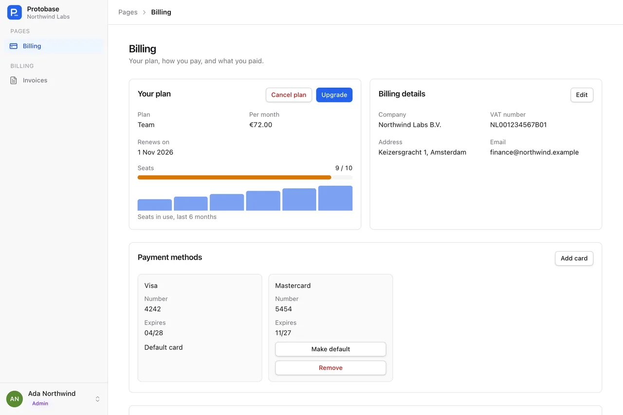 A billing page with the current plan and seats, billing details, payment cards and invoices.