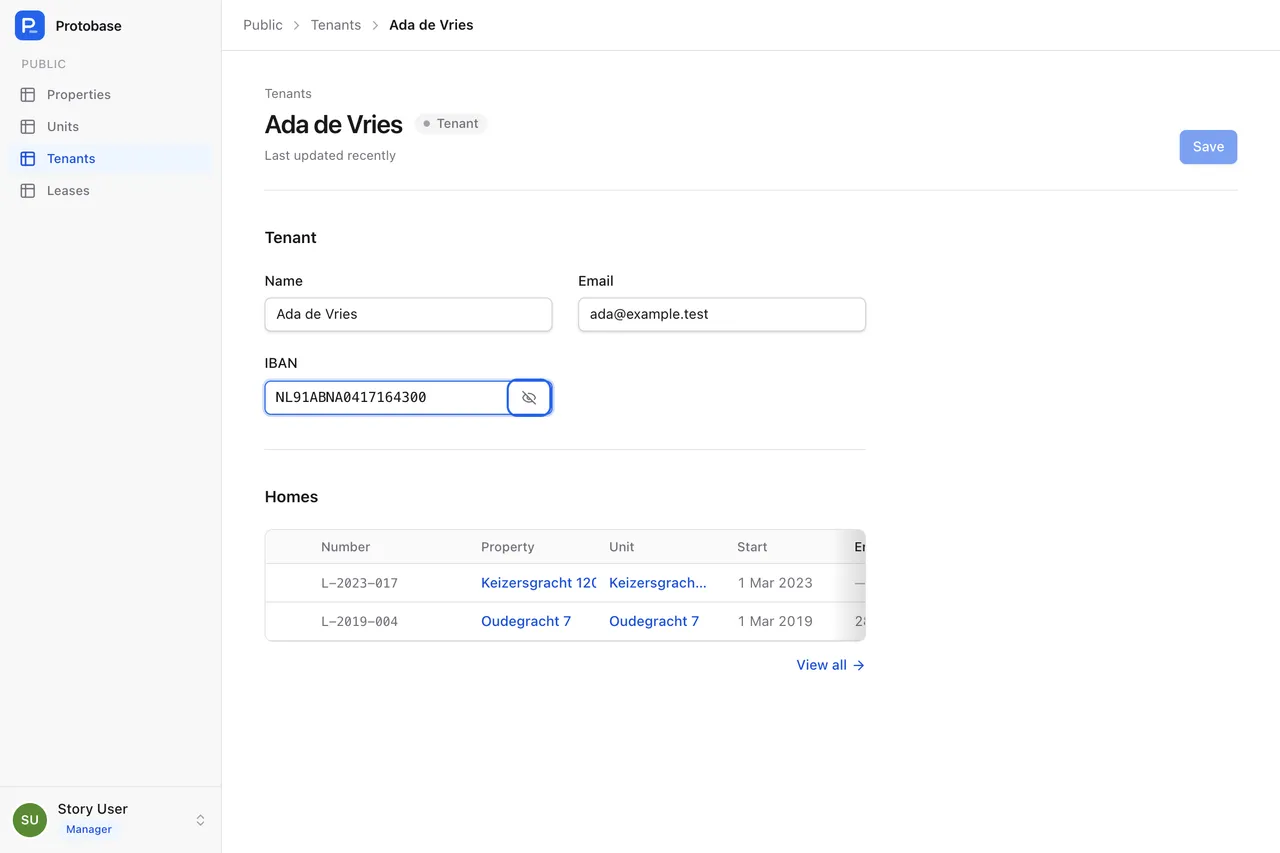 A tenant record with name and email, and an IBAN field revealed with an eye button next to it.