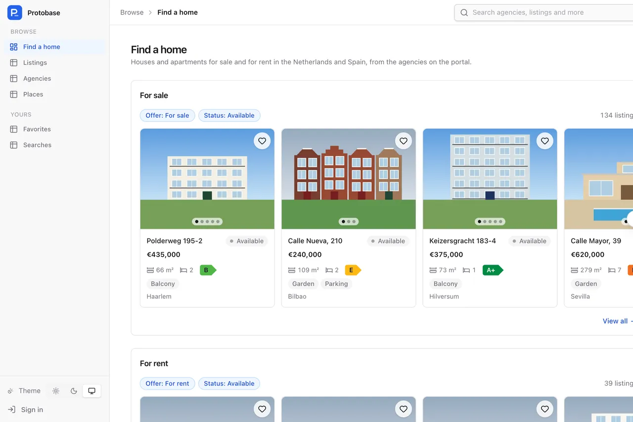 A public property portal with homes for sale shown as cards with photos, prices and energy labels.