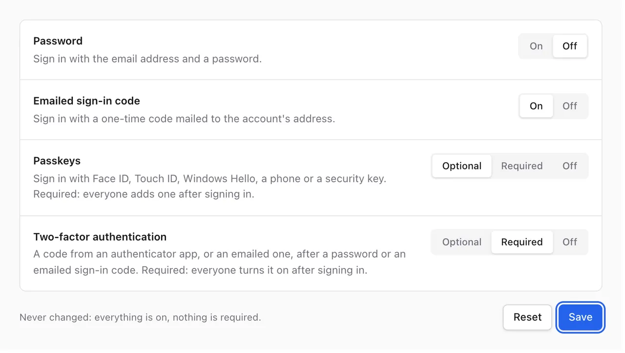 The sign-in policy page with password and emailed code switched on or off, and passkeys and two-factor set to optional, required or off.