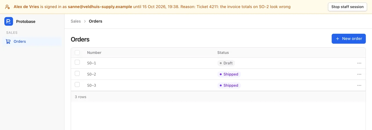 An orders list with a banner across the top saying a staff member is signed in as a user until a given time, with the reason and a Stop staff session button.