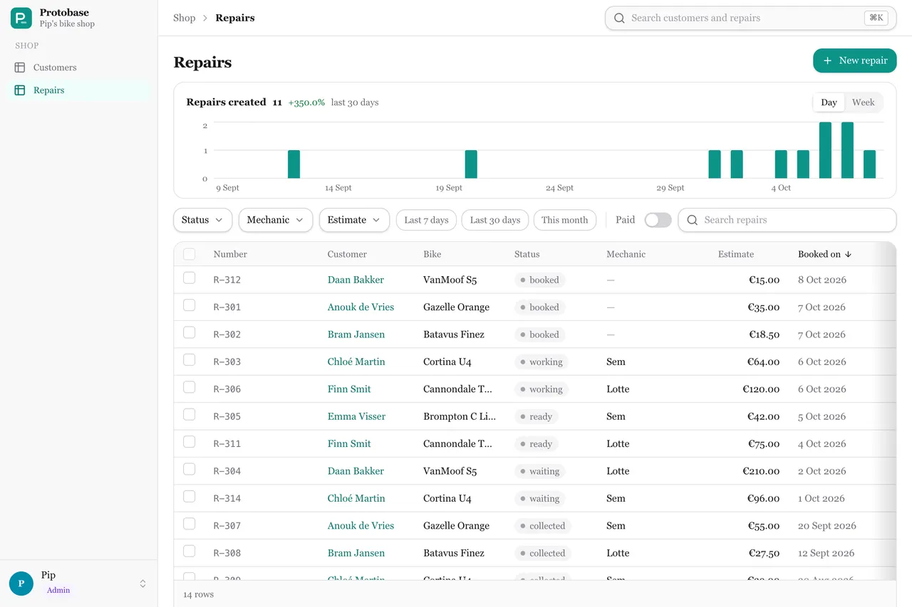 The repairs list in a teal theme with rounder corners and a serif font.