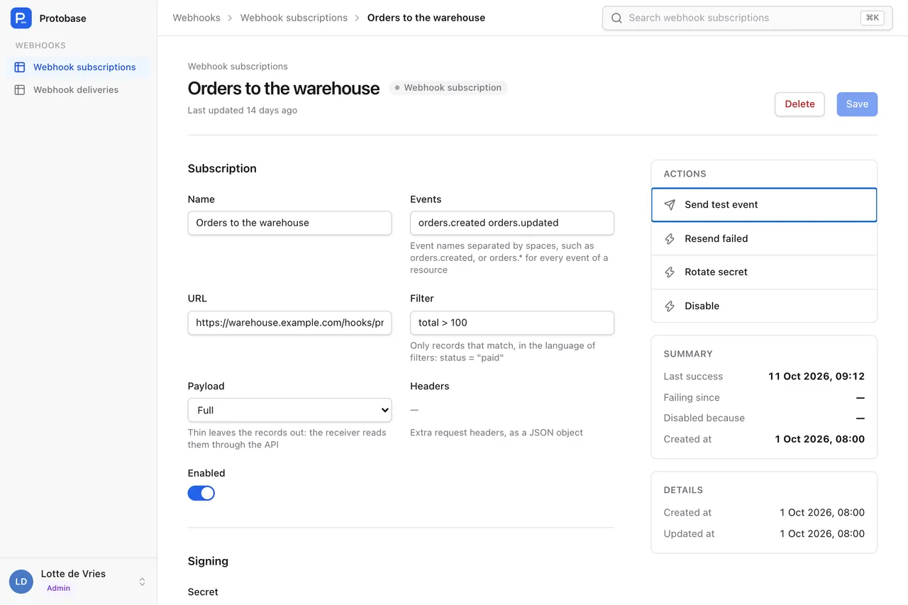 A webhook subscription named Orders to the warehouse, with its events, URL, filter and payload, and actions to send a test event, resend failed deliveries, rotate the secret and disable it.